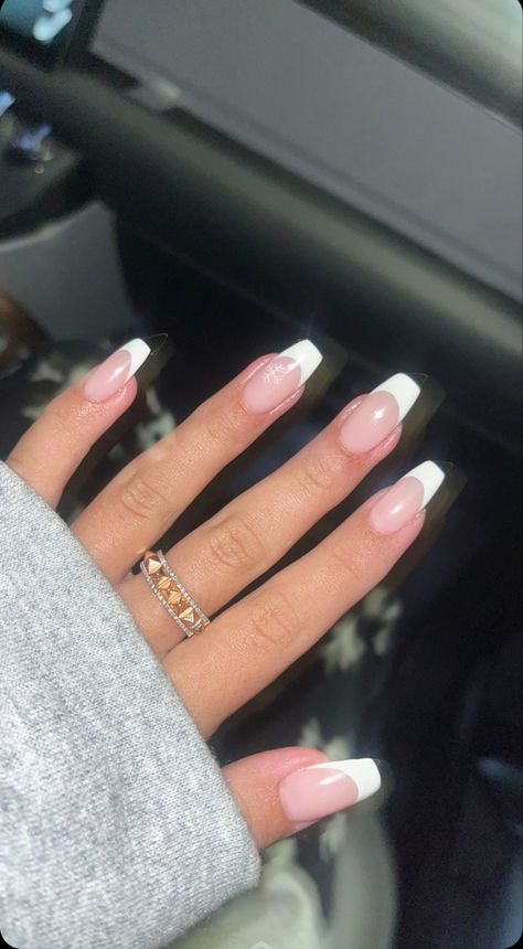 Short French Tip Acrylic Nails With Snowflake, Wide Coffin Acrylic Nails, Christmas French Tips Coffin, White Coffin French Tip, French Tip Ideas White, Nails 2023 French Tip, White Squoval Nails, White French Tip Coffin, White French Acrylic Nails