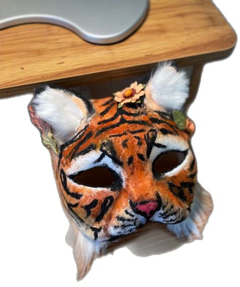 Felt, faux fur, hot glue, acrylic paint, paper flowers Tiger Therian, Tiger Bread, Therian Mask, Masquerade Mask, Nature Activities, Animal Crafts, Diy Face Mask, Mask Design, Animal Photography