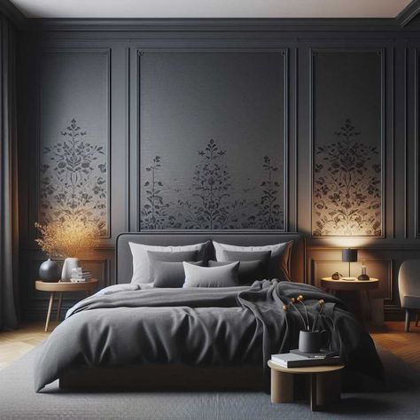 Bedroom Wallpaper Accent Wall, Black And Grey Bedroom, Dark Gray Bedroom, White Wall Bedroom, Sage Green Bedroom, Dark Bedroom, Grey Bedroom, Grey Decor, Elegant Bedroom