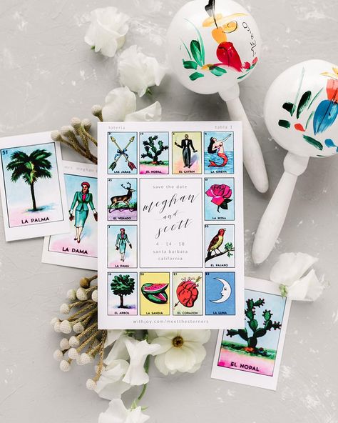 JP Stationery on Instagram: “Our Maria Suite Loteria Save the Dates set the tone for Meghan & Scott’s Santa Barbra Wedding 👰🏼🤵🏻 📸 @annadelores  Planning + Coordination:…” Loteria Wedding Theme, Mexican Save The Date Ideas, Mexican Wedding Save The Date, Save The Date Mexican Theme, Mexican Save The Date, Wedding Loteria, Loteria Wedding, Mexican Wedding Aesthetic, Mexican Loteria