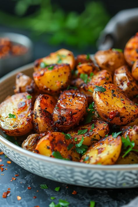 Roasted potatoes with seasoning and fresh herbs in a bowl. Gold Potatoes Air Fryer, Yukon Gold Potatoes Air Fryer, Air Fry Yukon Gold Potatoes, Yukon Gold Potato Recipe Air Fryer, Recipes With Yukon Gold Potatoes, Mini Gold Potatoes Recipes, Air Fryer Golden Potato Recipes, Honey Gold Potatoes Recipes, Yukon Gold Potatoes Recipes