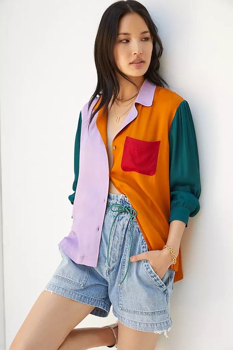 Color Block Blouse, Anthropologie Top, Farm Rio, 50 Fashion, Orange And Purple, Color Orange, Shirt Color, Patch Pocket, Puff Sleeve