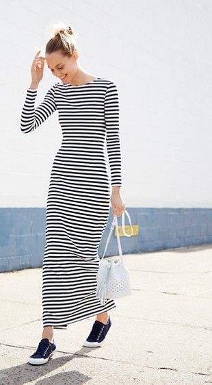 Women's Clothing - Looks We Love - J.Crew Long Sleeve Maxi Dress Casual, Sneaker Outfits, Giovanna Battaglia, Chic Maxi Dresses, Anna Dello Russo, J Crew Style, Sport Chic, Sarah Jessica Parker, Striped Maxi Dresses