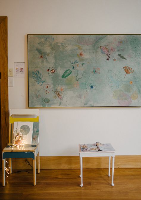 Space to Create :: artist Fleur Woods - We Are Scout Large Embroidery Wall Art, Embroidered Wall Art Large, Abstract Art Tapestry, Wild Flowers Wall Art, Multi Media Art, Pressed Flower Wall Art Large, Wood Embroidery, Embroidery Painting, Painted Fabric