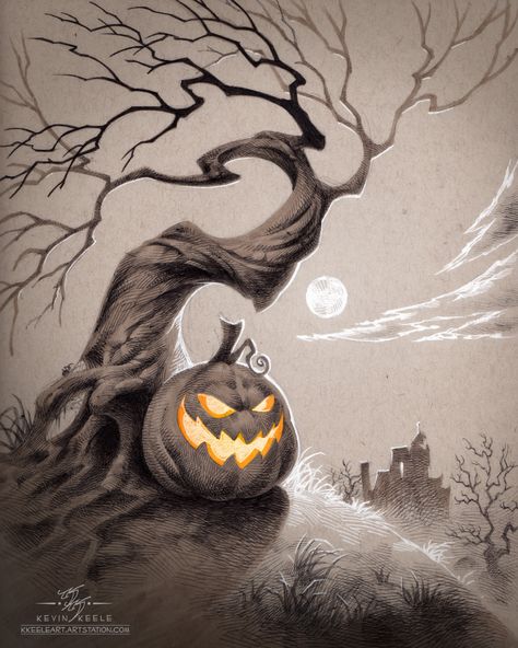 Halloween Landscape Drawing, Kevin Keele, Halloween Art Drawing, Halloween Art Ideas, Theme Tattoo, Halloween Artwork, Art Drawing Ideas, Halloween Illustration, Halloween Drawings