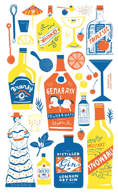 Screen Print Tea Towels, Cocktail Illustration, Mid Century Illustration, Cocktail Cabinet, Riso Print, Printed Tea Towel, Illustration Styles, Illustration Style, Mascot Design