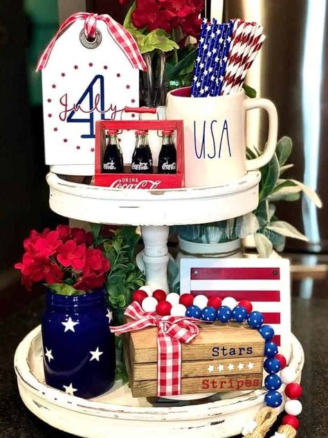 Mini Book Stacks, 4th Of July Tiered Tray Decor, Tiered Tray Decor Ideas, Tray Decor Ideas, Three Tier Tray, Patriotic Tiered Tray, 4th July Crafts, Tiered Tray Diy, Fourth Of July Decor