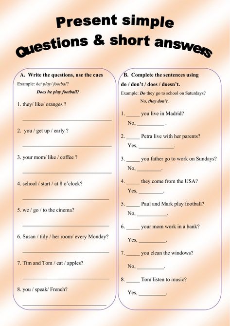 Ejercicio de Present simple - questions and short answers Short Answers Worksheet, Present Simple Worksheet, Adjectives Exercises, Middle School Grammar Worksheets, Simple Present Tense Worksheets, Teaching Vowels, English Grammar Test, Simple Present Tense, Simple Present