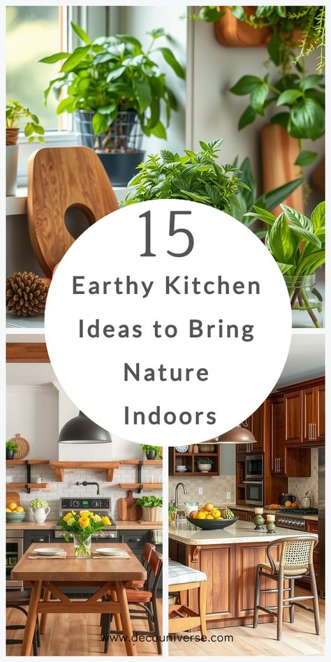 If you’re dreaming of a kitchen that feels warm and inviting, these 15 earthy kitchen ideas are perfect for creating a tranquil space inspired by nature. Lemon Tree In Kitchen, Kitchen Nature Inspired, Kitchen With Lots Of Plants, Kitchens With Plants, Nature Inspired Kitchen Design, Earthy Style Home, Kitchen Plants Ideas, Natural Interior Design Earth, Over Kitchen Cabinet Decor