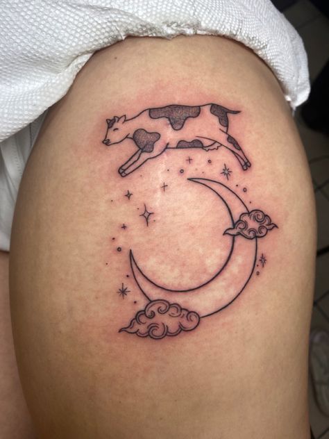 Tattoo on thigh done by misshoneyclub Cow Jumping Over The Moon Tattoo, Cow Jumping Over The Moon, The Moon Tattoo, Cow Jumping, Tattoo On Thigh, Cow Jumped Over The Moon, Fine Line Tattoos, Line Tattoos, Tattoo Inspo