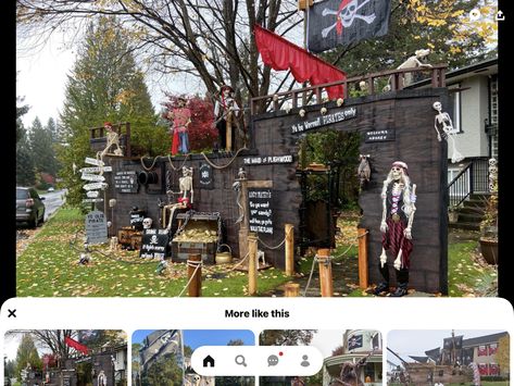 Halloween Shipwreck Yard, Pirate Theme Halloween Decor, Pirate Ship Halloween Yard, Halloween Pirate Ship, Bayou Halloween, Ship Playhouse, Pirate Ship Playhouse, Pirate Decorations, Pirate Halloween Decorations