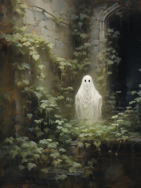 An oil painting of a cute ghost in an abandoned castle. Halloween Oil Painting, Cute Ghost Illustration, Cottagecore Artwork, Haunted Art, Ghost Artwork, Ghosts Art, Ghost Paintings, Victorian Ghost, Cottagecore Halloween