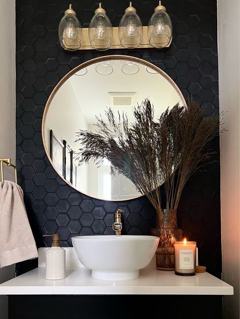 Small Moody Bathroom, Half Bath Makeover, Black Powder Room, Gray Tiles, Brushed Gold Bathroom, Moody Bathroom, Half Bath Remodel, Gold Bathroom Decor, Black And Gold Bathroom