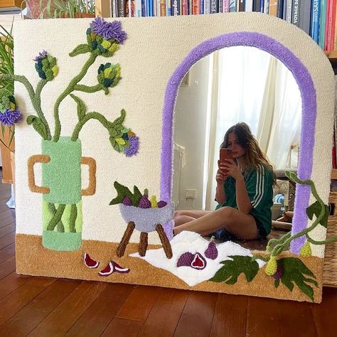 Mirror Frame Painting, Tufted Mirror, Painting Mirror Frames, Tufting Diy, Luxury Bath Rugs, Mirror Fashion, Mirror Pattern, Funky Rugs, Punch Needle Patterns