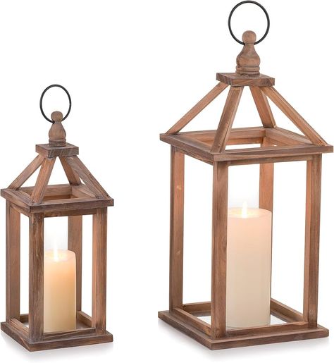 Amazon.com: Staymoment Wooden Decorative Candle Lanterns Set of 2, Indoor Rustic Hanging Candle Holder for Centerpiece Mantle Shelf Porch, 12" & 16" Farmhouse Home Decor Wedding Table Decoration, Brown : Home & Kitchen Fireplace Mantle Shelf, Wood Candle Lantern, Porch Wedding, Porch Lantern, Floor Lanterns, Yard Pathway, Entertainment Room Decor, Festival Atmosphere, Table Centerpieces For Home