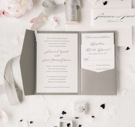 The Shannon wedding invitation suite features a metallic pocket folder with staggered inserts. The suite is completed with your choice of coordinating envelope colors and several optional upgrade features 🌟 #metalic #weddingfolder #pocketinvitation #elegantinvitation #weddingstationery #stationery #weddinginspo #invitations #weddinginvitations #weddingcards #savethedatecards #weddingvendor Silver Wedding Invitations, Pocket Invitation, Pocket Wedding Invitations, Pocket Folder, Marriage Ceremony, The Wedding Date, Addressing Envelopes, Response Cards, Modern Wedding Invitations