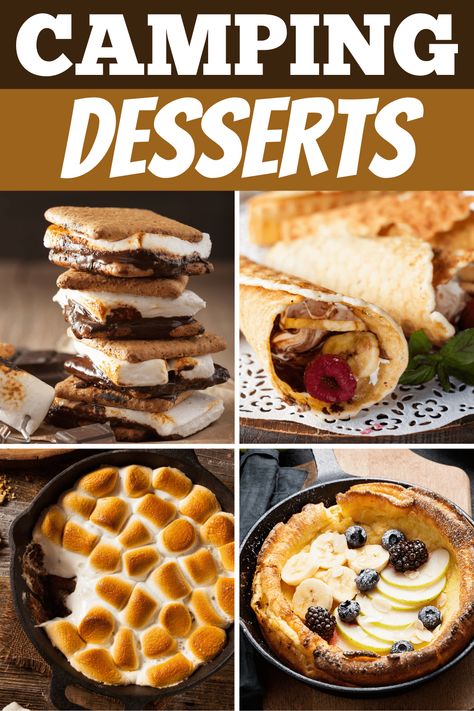 Enjoy the outdoors with the easy camping desserts! From apple pie to s'mores tacos to dessert pizza, cooking around the campfire has never been sweeter! Campfire Skillet Desserts, Campfire Baking Recipes, Pie Iron Desserts Camping, Campfire Deserts Camping, Camping Desserts Campfire Easy, Camping Food Desserts, Cabin Dessert Ideas, Fire Pit Dessert Ideas, Camping Deserts Easy