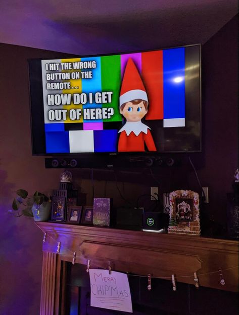 Elf on tv Tv Elf On The Shelf, Broken Tv Elf On The Shelf, Elf On Shelf Broken Tv, Elf On The Shelf Broken Tv, Elf On Tv, Elf Ideas, Shelf Ideas, On The Shelf, Christmas Elf