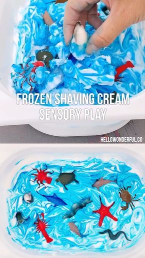 Sensory Bin Shaving Cream, Under The Sea Sensory Activities, Frozen Shaving Cream Sensory Play, Tray Tables Diy Ideas, Sensory Bin Ocean Theme, Ocean Themed Sensory Activities, Sensory Recipes Preschool, Classroom Sensory Bin Ideas, Frozen Animals In Ice Activity