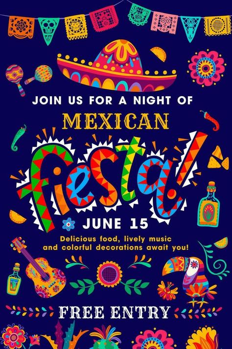 Mexican fiesta party flyer, sombrero and tequila Fiesta Poster Ideas, Taco Poster, Spanish Festivals, Spanish Party, Mexican Festival, Latin Party, Mexico Party, Event Brochure, Mexican Sombrero