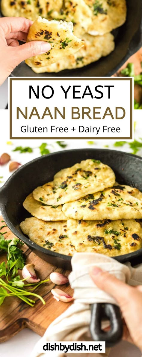 Soft and tender with a chewy interior, this super easy NO YEAST naan bread recipe is ready in just 30 minutes. It is deliciously flavored with parsley and garlic for aroma and taste. This recipe works well as an appetizer or a side dish. It is yeast-free, gluten-free, and dairy-free (no yogurt required!). Naan Bread Recipe No Yogurt, No Yeast Naan Bread, Yeast Naan Bread, Naan Bread Recipe No Yeast, Gluten Free Naan Bread Recipe, No Yeast Naan, Naan Bread Recipe Easy, Slow Cooker Lentil Curry, Gluten Free Naan Bread