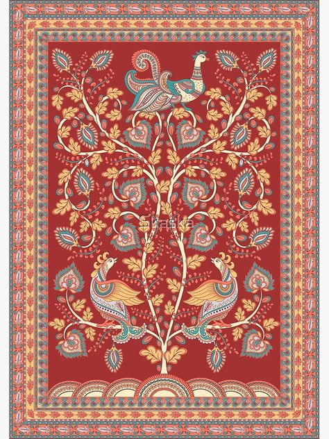 "Tree with flowers, #peacocks on the branches, openwork frames, burgundy background. A rectangular composition in the #Indian #folk style #Kalamkari." #Photographic #Print by Skaska | Redbubble Tree With Flowers, Flower Pattern Drawing, Dark Red Background, Kalamkari Painting, Tree Flowers, Pichwai Paintings, Hand Painted Fabric, Madhubani Art, Indian Folk Art