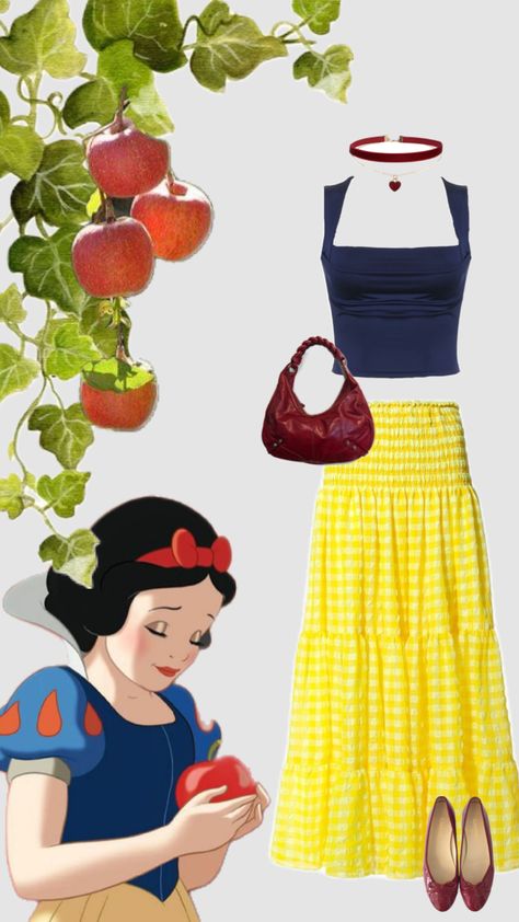 Snow White inspired outfit 🍎 #disney #outfitinspo #disneyprincess #disneyaesthetic #disneyoutfit Snow White Inspired Outfit, Diy Snow White Costume, Disney Princess Halloween Costumes, Snow White Halloween Costume, Snow White Outfits, Disney Bound Outfits Casual, Princess Inspired Outfits, Outfit Disney, Snow White Costume