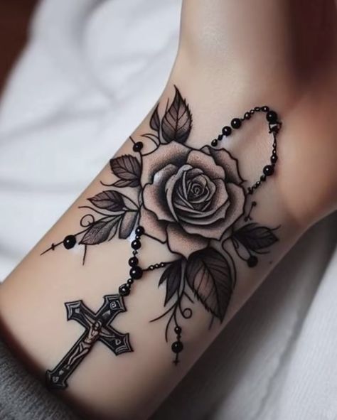 Cross Tattoo With Flowers, 70s Haircuts, Cross Tattoos For Women, Flower Wrist Tattoos, Pretty Hand Tattoos, Tattoos For Women Flowers, Chest Tattoos, Tasteful Tattoos, Hand Tattoos For Women