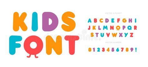 Kids letters and numbers set. Cartoon bold style alphabet. Childish font for events, promotions, logos, banner, monogram. And poster. Vector typography design vector illustration Childish Font, Kids Branding Design, Kids Letters, Kids Graphic Design, Free Monogram Fonts, Baby Logo Design, Candy Logo, Toys Logo, Logo Youtube