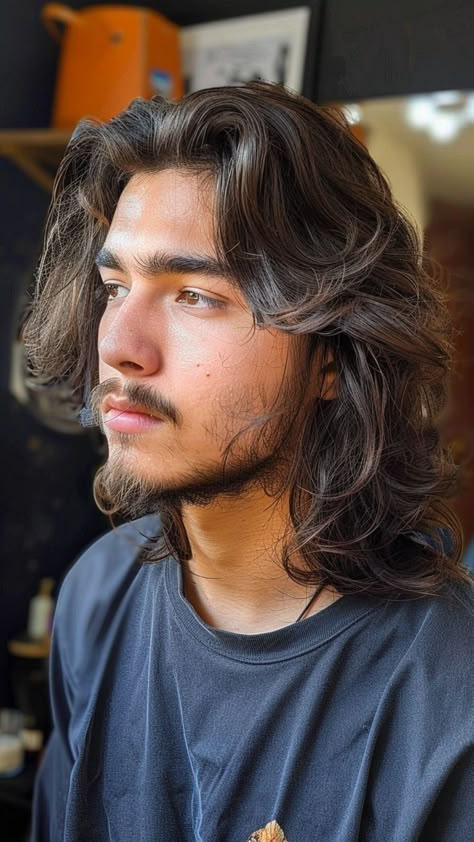 Man With Long Brown Hair And Beard, Long Hair Mens Cut, Men's Long Wolf Cut, Mens Long Haircut Layered, Layered Mens Haircut Long Hairstyles, Men's Haircuts Long, Long Haircut For Men Wavy, Long Guy Hairstyles, Shaggy Long Hair Men