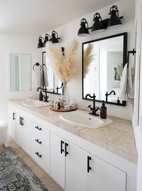 Fixer Upper House Archives - Styled By Kasey White House Black Accents Interior Design, Neutral Interior With Black Accents, Neutral Black Home Decor, Neutral And Black House Decor, White Home With Black Accents, Neutral House Decor Interior Design, Black Modern House Decor, Decor Between Bathroom Mirrors, Black Accents In Bathroom