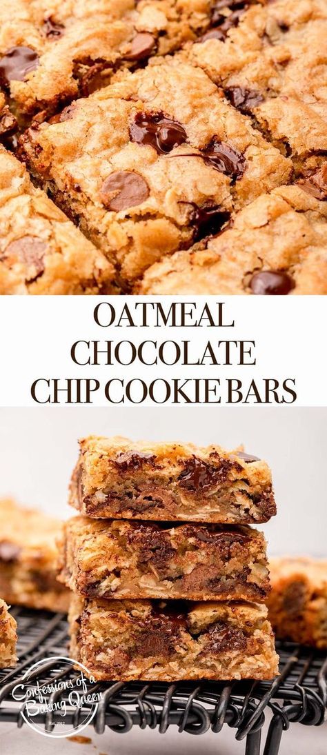 These tasty oatmeal chocolate chip bars are super easy and quick to make! Step-by- step photos teach you how to bake these cookie bars! Salted Caramel Oatmeal Chocolate Chip Cookie Bars, Chewy Oatmeal Chocolate Chip Bars, Oatmeal Chocolate Squares, Oatmeal Chocolate Chip Bars 9x13, Breakfast Cookie Bars, Oat Cookie Bars, Cookie Bars Recipes Easy, Chocolate Chip Bars Recipes, Chocolate Chip Bars 9x13