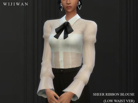 Puffy Sleeves Shirt, Girl Sims 4 Cc, Hologram Dress, Ribbon Blouse, Sims4 Custom Content, Blouse With Puff Sleeves, Sheer Chiffon Blouse, Blouse Chiffon, Female Tops