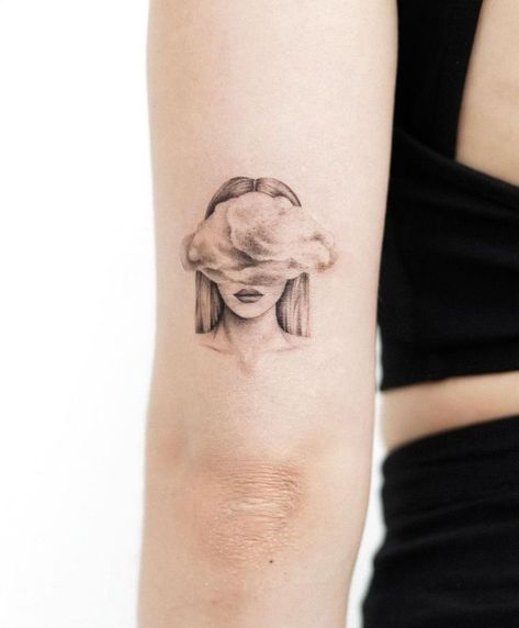 Woman Book Tattoo, Feminist Tattoos Ideas, Veiled Woman Tattoo, The Overthinker Tattoo, Dainty Fine Line Tattoo Ideas, Realistic Cloud Tattoo, Overthinking Tattoos For Women, Head In The Clouds Tattoo, Tattoos Of Women