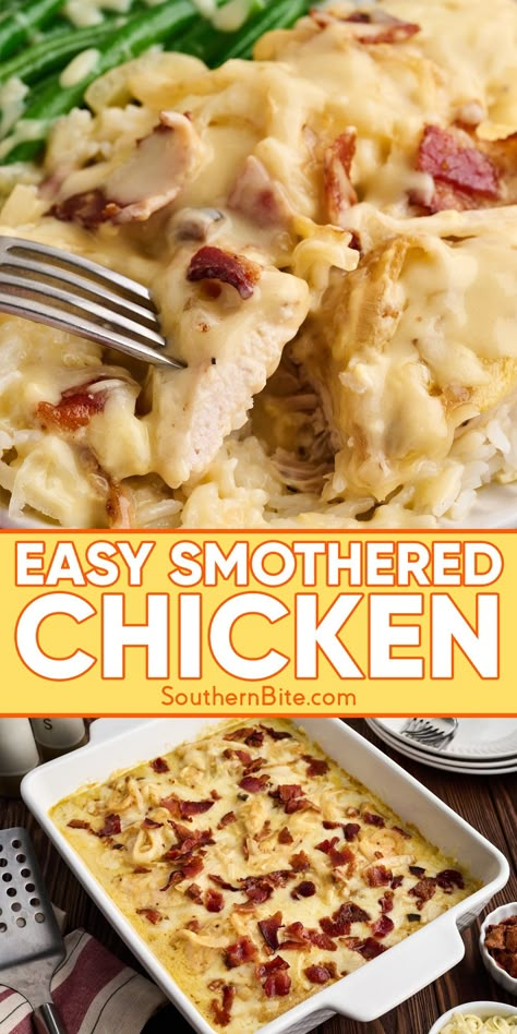 Ideas For Chicken Dinner, Savory Meat Recipes, Quick And Easy Casseroles For Dinner, Weeknight Chicken Dinner Easy, Fall Meals Chicken, Chicken Recipes For Dinner Casserole, Smothered Chicken In Oven, Smothered Chicken Breast Recipes, Fun Chicken Dinner Ideas