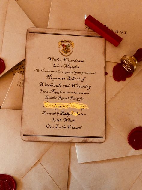 Harry Potter themed Gender Reveal party with Hogwarts seal. Harry Potter Gender Reveal Invitation, Harry Potter Gender Reveal, Gender Reveal Invites, Hogwarts Seal, Themed Gender Reveal, Gender Reveal Party Invitations, Gender Reveal Invitations, Reveal Ideas, Reveal Party