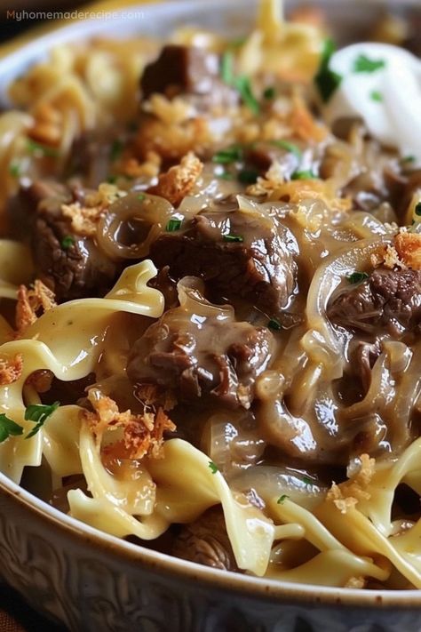 French Onion Beef And Noodles Recipe - My Home Made Recipe Fall Recipes Dinner Casserole, Dinner Ideas For A Cold Night, French Onion Beef And Noodles, Beef And Noodles Crockpot, Beef And Noodles Recipe, Creamy Noodles, French Onion Beef, Beef Tips And Noodles, Recipe Ground Beef