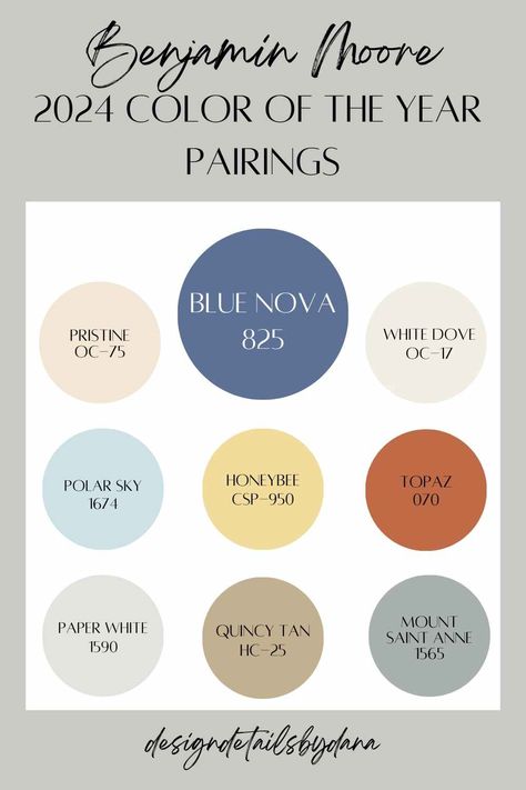 Transform your home decor design with Benjamin Moore's 2024 Color of the Year, Blue Nova. This beautiful shade of blue pairs well with so many stunning hues. Paint colors | Interior paint | Exterior paint | Color of the Year 2024 | Color of the year |Benjamin Moore | Blue Nova | Paint color pairings | Paint color combination Blue Nova Color, Benjamin Moore Color Palette For Home, Blue Nova Color Palette, Bm Color Of The Year 2023, Benjamin Moore Paint Colors 2024 Trends, Benjamin Moore Color Of The Year, 2024 Spring Decor Trends, 2024 Benjamin Moore Paint Colors, Benjamin Moore 2024 Color Of The Year