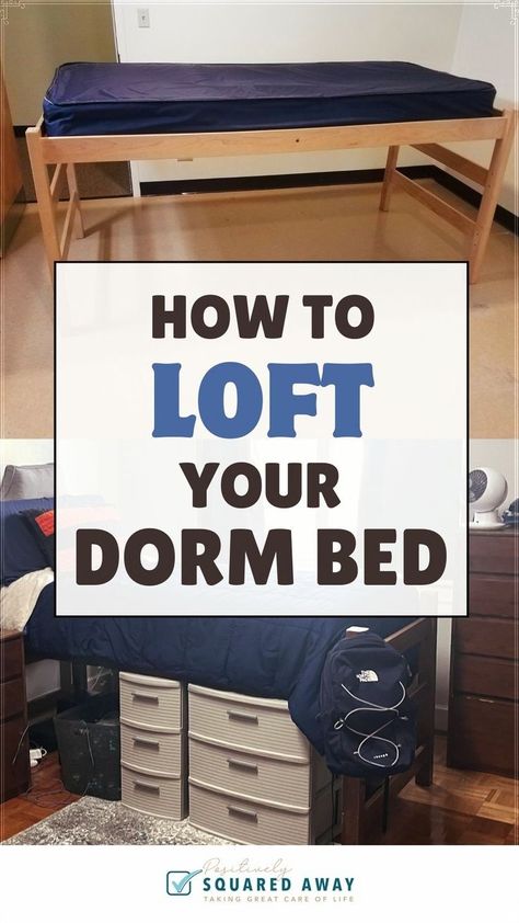 Learn how to fully loft your dorm bed. Perfect for college freshman moving into a dorm room. Get detailed instructions for how to loft a dorm bed and maximize your underbed storage. Dorm Room Arrangements, Boy College Dorms, Tacky Decor, College Freshman Dorm, Lofted Dorm Beds, Luxury Dorm Room, Boys Dorm Room, Bed Height, College Dorm Room Inspiration