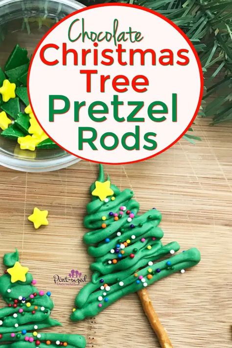 Pretzel Christmas Trees, Chocolate Pretzels Christmas, Chocolate Pretzels Recipe, Pretzel Christmas, Easy Holiday Treats, Chocolate Tree, Festive Cookies, Pretzel Rods, Chocolate Pretzels