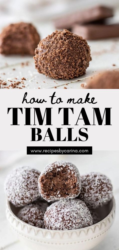 It’s debatable if you can improve the Tim Tam biscuit but if anything is going to do it, it’ll be these Tim Tam Balls! Little balls of smooth chocolatey goodness, they’re perfect for a sweet treat with a coffee, late night dessert or as a plate to share. Creative Baking Recipes, Late Night Dessert, Tim Tam Cheesecake, Night Dessert, Lolly Cake, Cheesecake Balls, Easy Chocolate Desserts, Tim Tam, Small Desserts