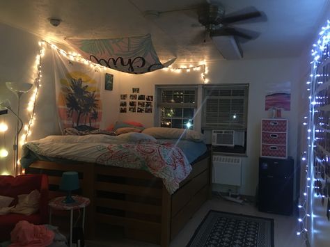 This is my dorm room at Notre Dame I have a double but I’m paying extra to live in it as a single Double Single Dorm Room, Dorm Double Bed, Double Bed Dorm Room Ideas, Single Person Dorm Room, Double As A Single Dorm Room, Dorm Room Single Person, Mega Bed Dorm, Single Dorm Room Layout, Double Dorm Room Into Single