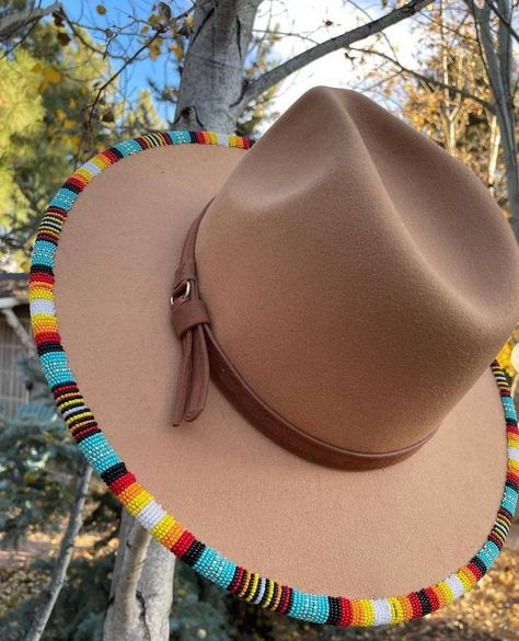 Dark beige beaded handmade fedora hats|summer hats|summer hats|brim hat with free shipping world wide by Delightmerchants on Etsy Beaded Brim Hat, Beaded Hat Brim, Diy Hat Stand, Beaded Cowboy Hat, Fedora Hat Summer, Beaded Hats, Cosmic Cowboy, Native Regalia, Womens Fedora Hat