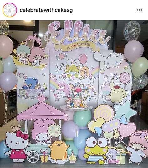 Sanrio Party Backdrop, Sanrio Friends Birthday Party, Sanrio Characters Birthday Party, Sanrio Table Decor, Hello Kitty Carnival Theme, Sanrio Theme Birthday Party, Sanrio Theme Party Decoration, Hello Kitty And Friends Birthday Party Decorations, Sanrio Dessert Table