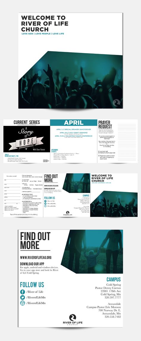 Church Brochure Design, Bulletin Design, Church Marketing Ideas, Church Bulletin Designs, Church Welcome Center, Church Brochures, Church Bulletins, Bulletin Ideas, River Of Life