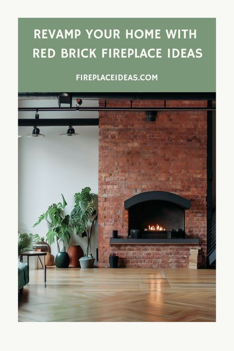 Contemporary living room with a red brick fireplace, hardwood floors, and minimalist decor, from FIREPLACEIDEAS.com. Tall Red Brick Fireplace, Red Brick Fireplace With Black Mantle, Updated Red Brick Fireplace, Terracotta Brick Fireplace, Modern Red Brick Fireplace, Brick Fireplace No Mantle, Brick Fireplace No Hearth, Update Red Brick Fireplace, Living Room With Red Brick Fireplace