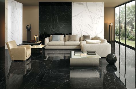 Marble Living Room, Living Room Marble, Design Interior Modern, Modern Luxury Living Room, Black Floor Tiles, Modern Luxury Interior, Home Gym Design Garage, Style Salon, Living Room Styles