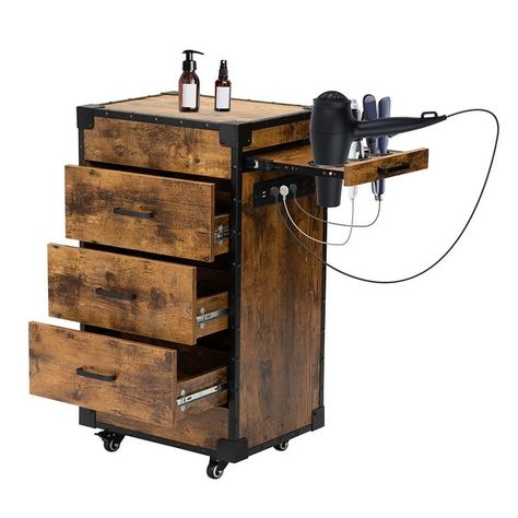 Multifunctional Beauty Salon Station with Wheels and 3 Drawers - Bed Bath & Beyond - 36718811 Hair Salon Station Ideas, Industrial Salon Decor, Rustic Salon Decor, Hair Tool Holder, Rustic Salon, Storage Cart With Drawers, Beauty Salon Stations, Salon Cart, Salon Trolley