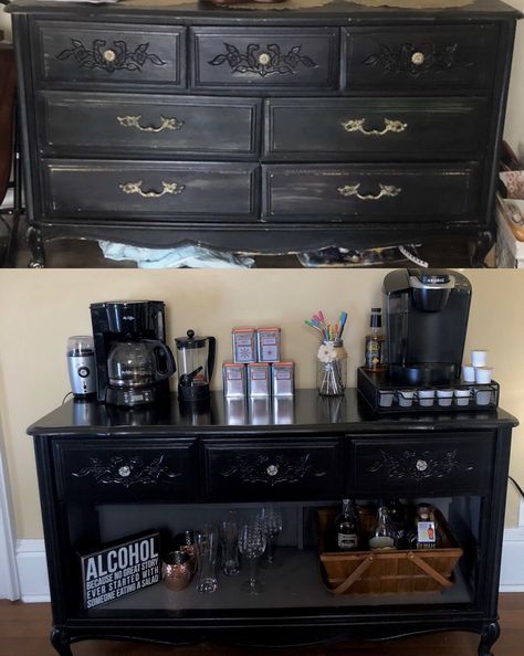 Repurposed Dresser To Coffee Bar, Old Dresser To Coffee Bar, Diy Dresser Into Bar, Dresser Into Coffee Bar Farmhouse, Refinished Dresser Coffee Bar, Diy Bar From Dresser, Bar From Dresser, Turn Dresser Into Coffee Bar, Repurposed Dresser For Kitchen