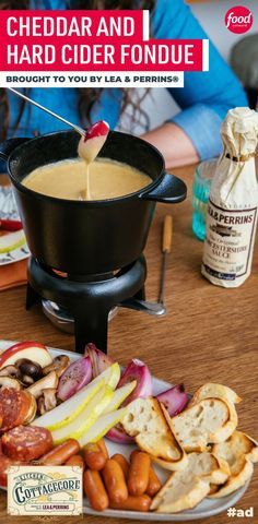 Cider Cheese Fondue, What To Dip In Fondue Cheese, Fall Fondue Recipes, Cheddar Fondue Recipes, Fall Fondue Party, Oktoberfest Fondue, Thanksgiving Fondue, Fall Fondue, Christmas Fondue